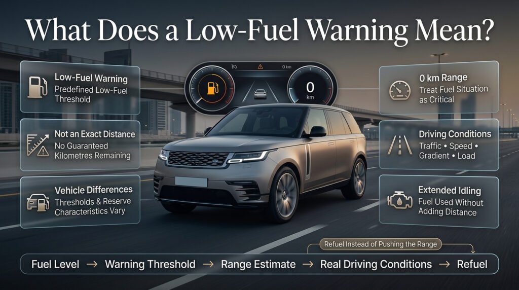 Low-fuel warning and zero-range display explained with fuel reserve, driving conditions, idling and safe refuelling guidance