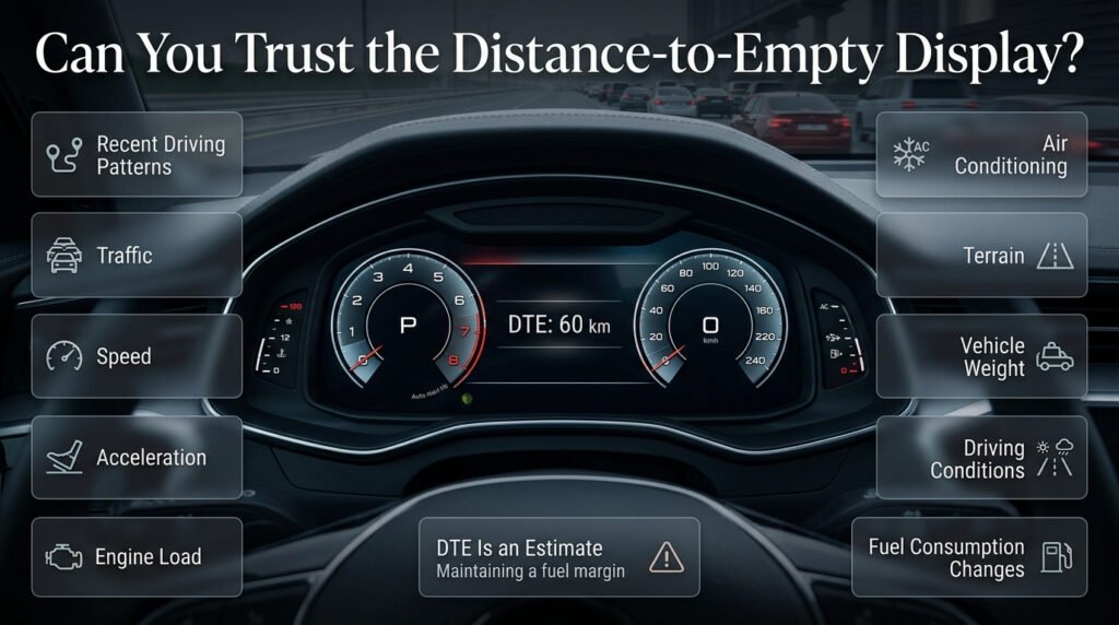 Distance-to-empty display showing estimated fuel range while traffic and driving conditions affect remaining vehicle range.