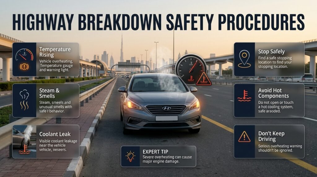 Highway car overheating safety guide showing a stopped vehicle, steam, temperature warning, and safe roadside response in Dubai.