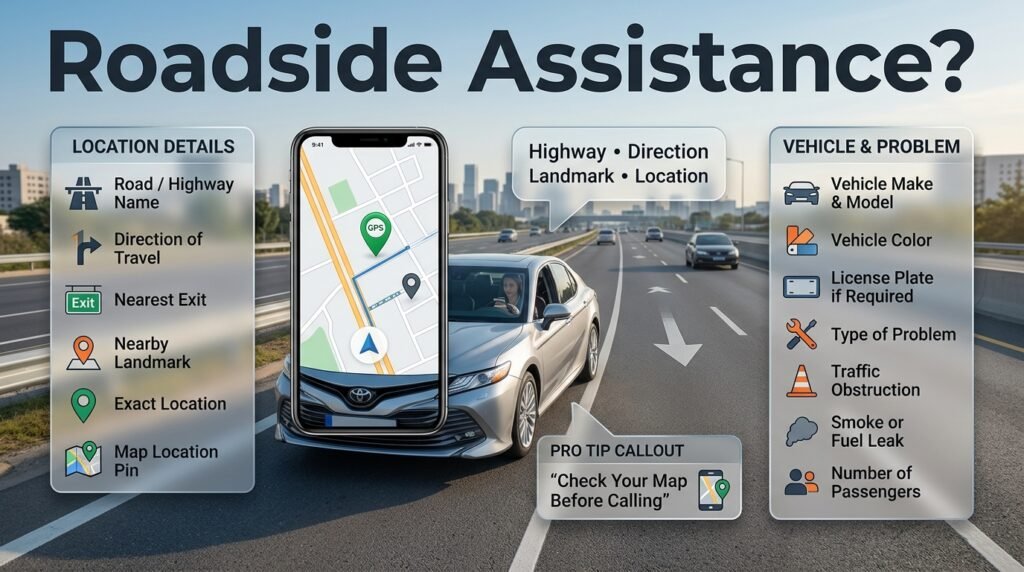 Driver calling roadside assistance and sharing vehicle location, direction, problem, and passenger details after a breakdown