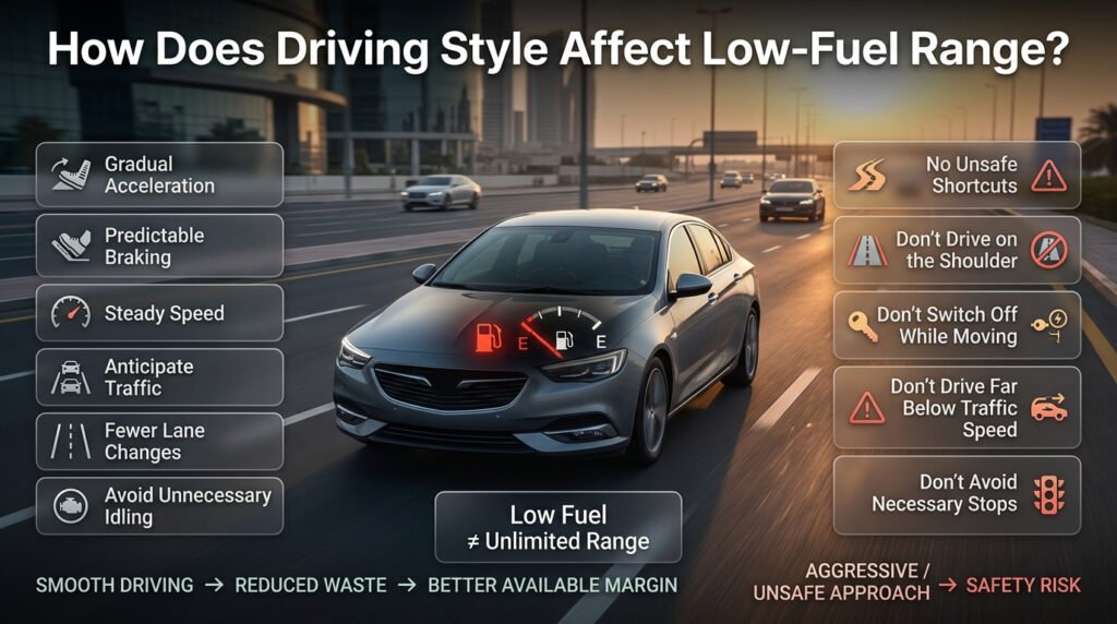 Driving style affects low-fuel range as smooth acceleration, steady speed, and predictable braking help reduce unnecessary fuel use.