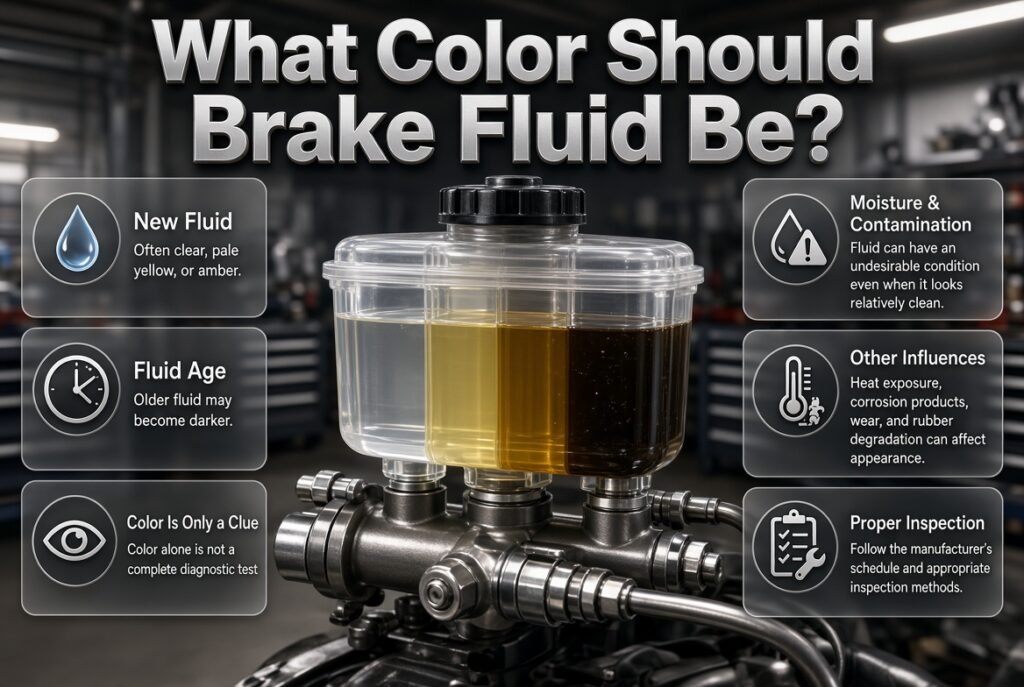 Brake fluid color guide showing clear, pale yellow, amber, and darker fluid with factors such as age, contamination, heat, and corrosion.