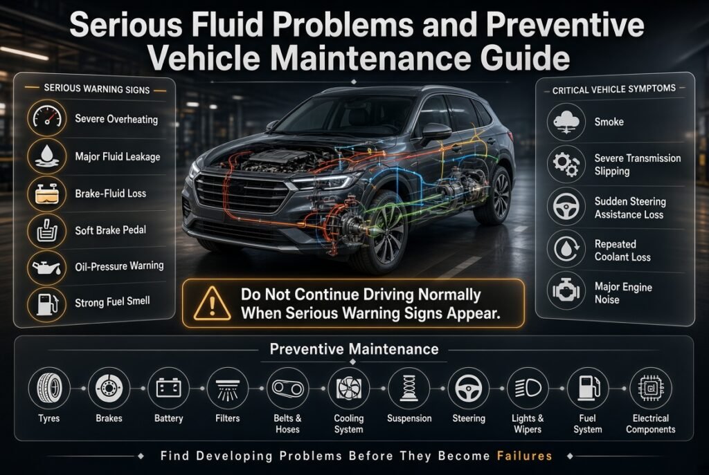 Serious car fluid warning signs and preventive maintenance checks for overheating, brake problems, leaks, steering, and engine issues