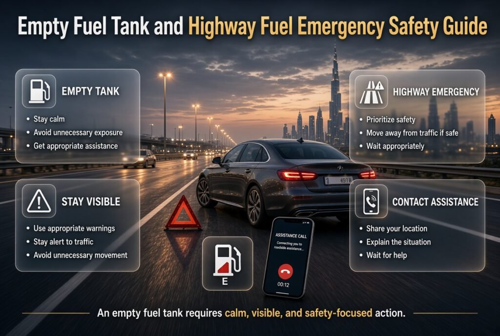 Car stopped safely on a highway with an empty fuel tank while the driver contacts roadside assistance for fuel emergency support.