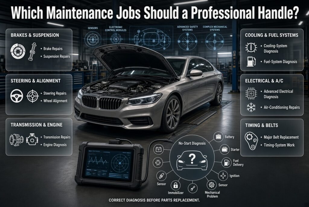 Professional car maintenance infographic showing brake, suspension, steering, engine, cooling, electrical, and diagnostic repairs.