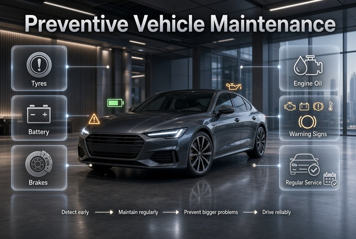 Preventive vehicle maintenance with a car, tyre, battery, brakes, fluids, and inspection checks for safer reliable driving Preventive Vehicle Maintenance Guide for Safer, Reliable Driving