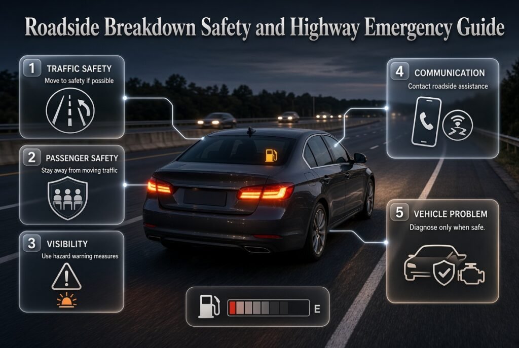 Roadside breakdown safety showing a stopped car, hazard lights, safe positioning, passengers and highway emergency assistance