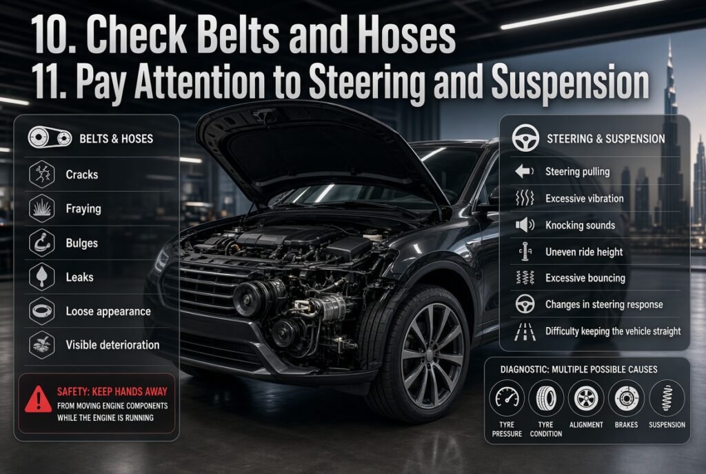Vehicle inspection showing damaged belts and hoses plus steering and suspension warning signs for safe car maintenance