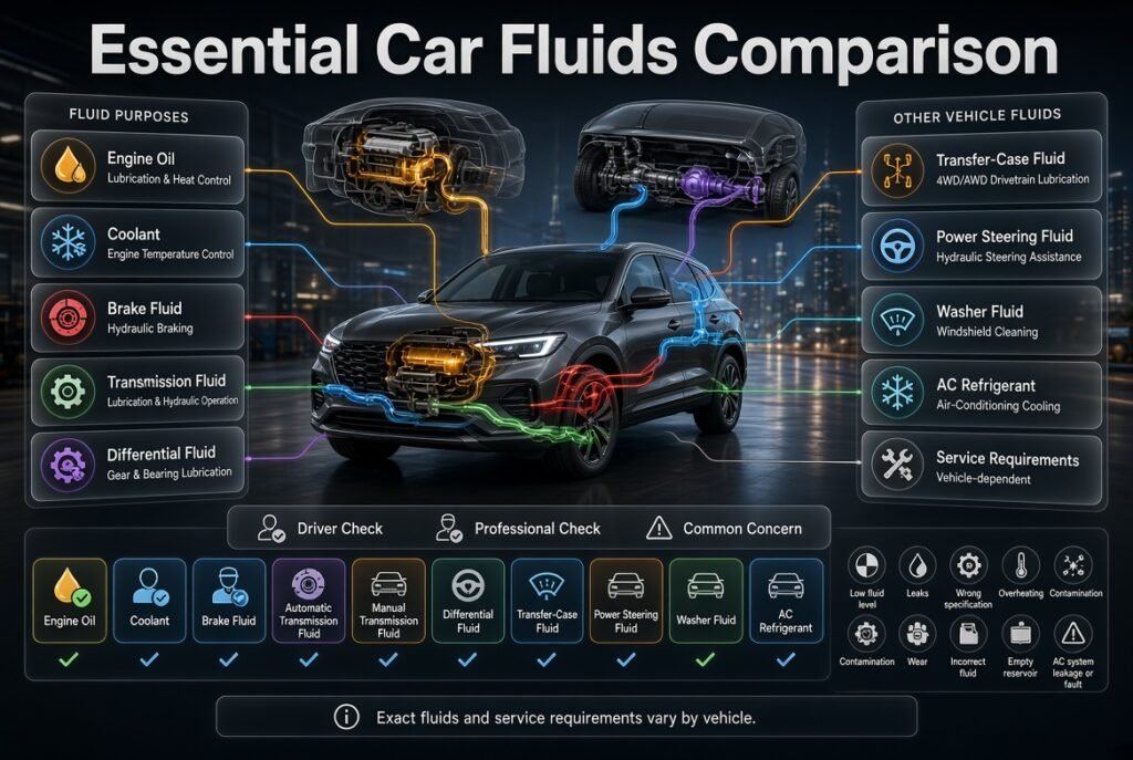 Essential car fluids comparison showing engine oil, coolant, brake fluid, transmission fluid, steering fluid, and washer fluid