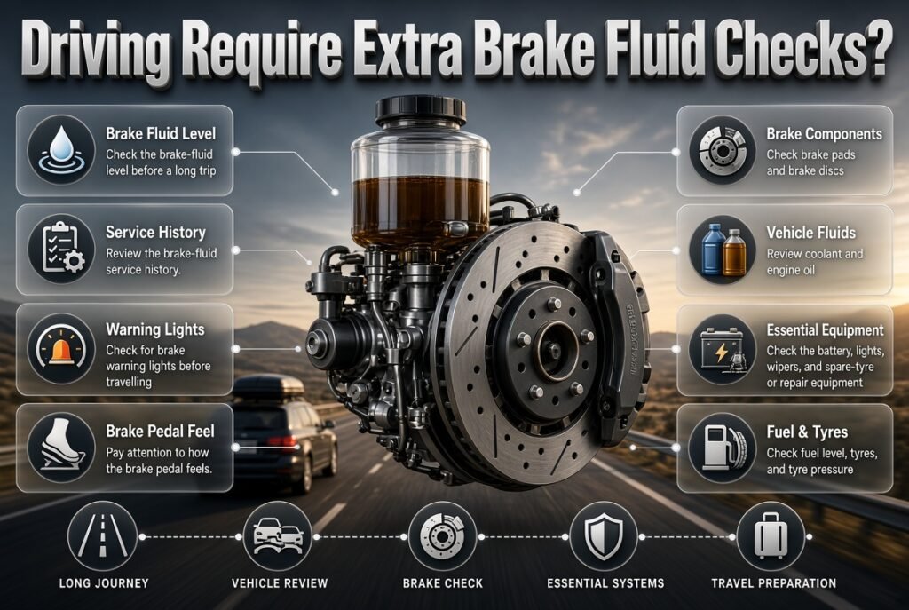 Long-distance vehicle maintenance infographic showing brake-fluid checks, brake components, tyres, fluids, battery, lights, and emergency equipment.
