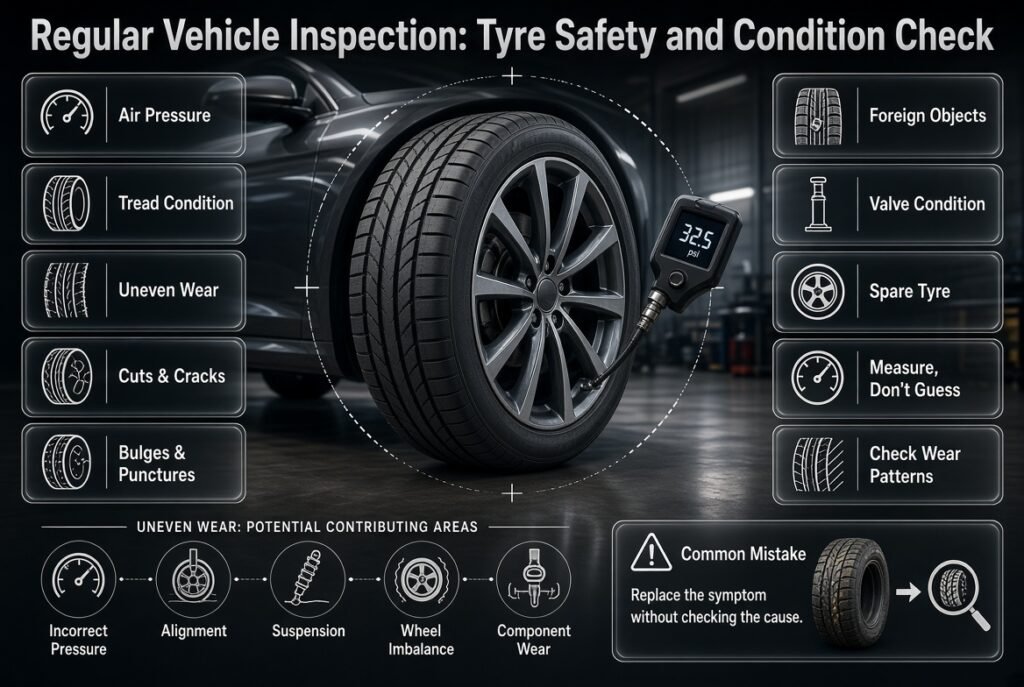 Vehicle inspection infographic showing tyre pressure, tread wear, cracks, punctures, bulges, valves, and spare tyre checks
