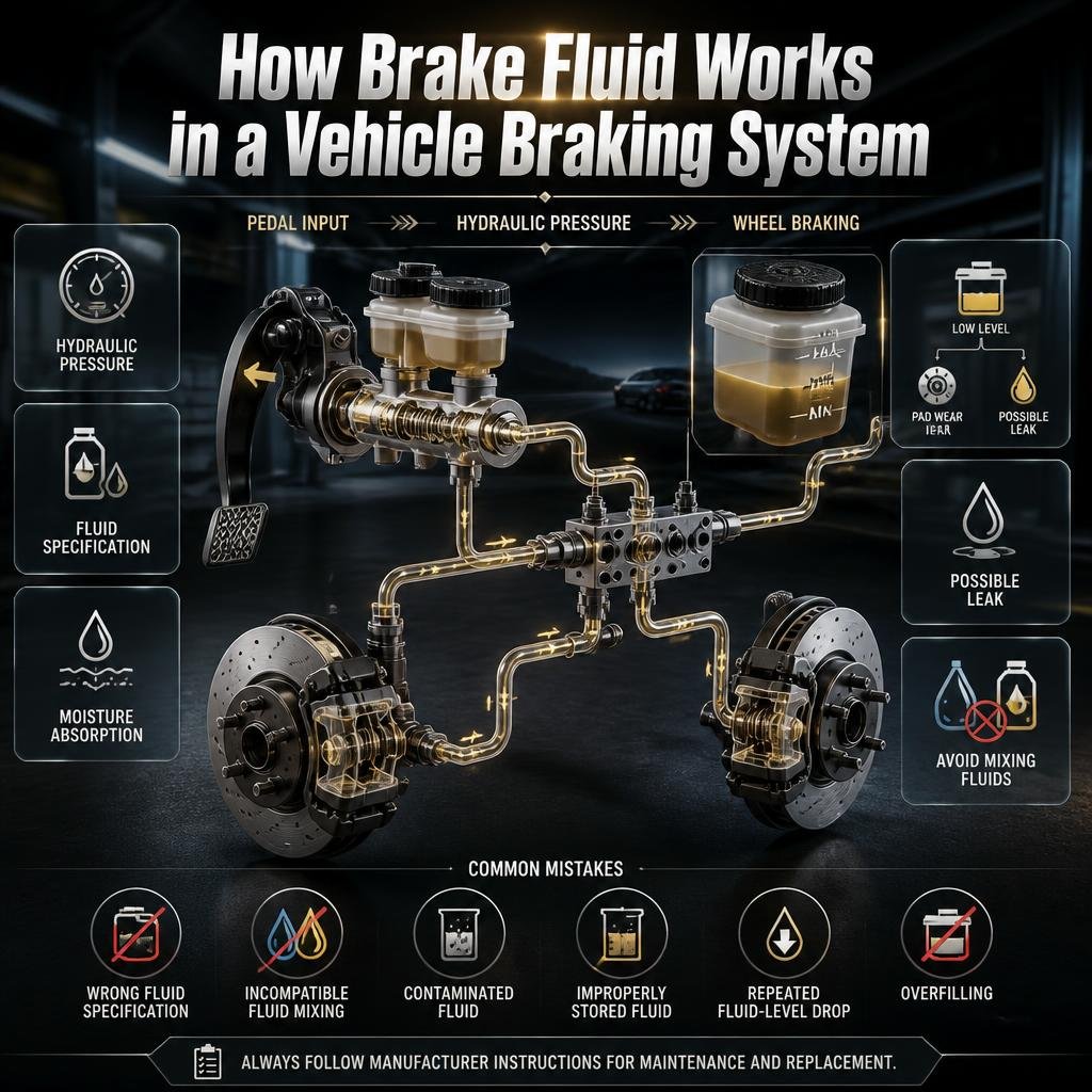 How brake fluid works by transmitting hydraulic pressure from the brake pedal to braking components at the wheels.