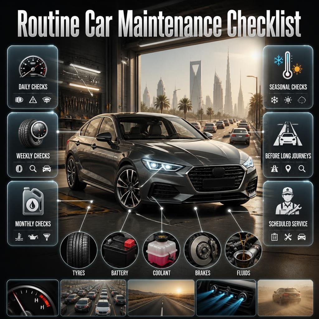 Routine car maintenance checklist showing tyre, battery, coolant, brakes, fluids and inspection checks for reliable driving Routine Car Maintenance Checklist for Safe Reliable Driving
