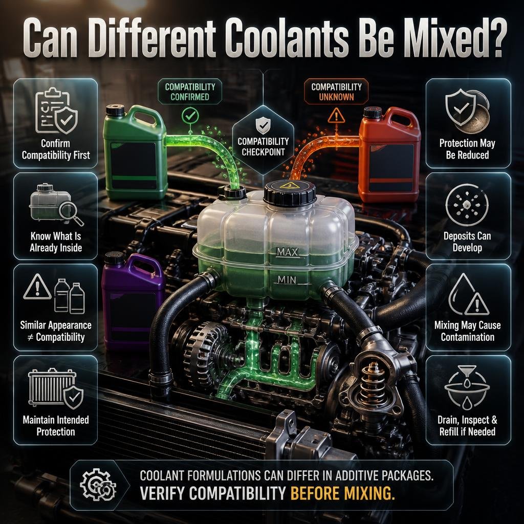 Different coolant types shown with a vehicle cooling system, highlighting compatibility, corrosion protection, contamination risks, and safe refill practices.
