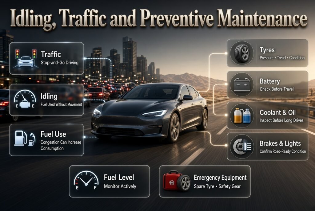 Preventive vehicle maintenance for traffic and highway driving with tyres, brakes, coolant, oil, battery and fuel checks
