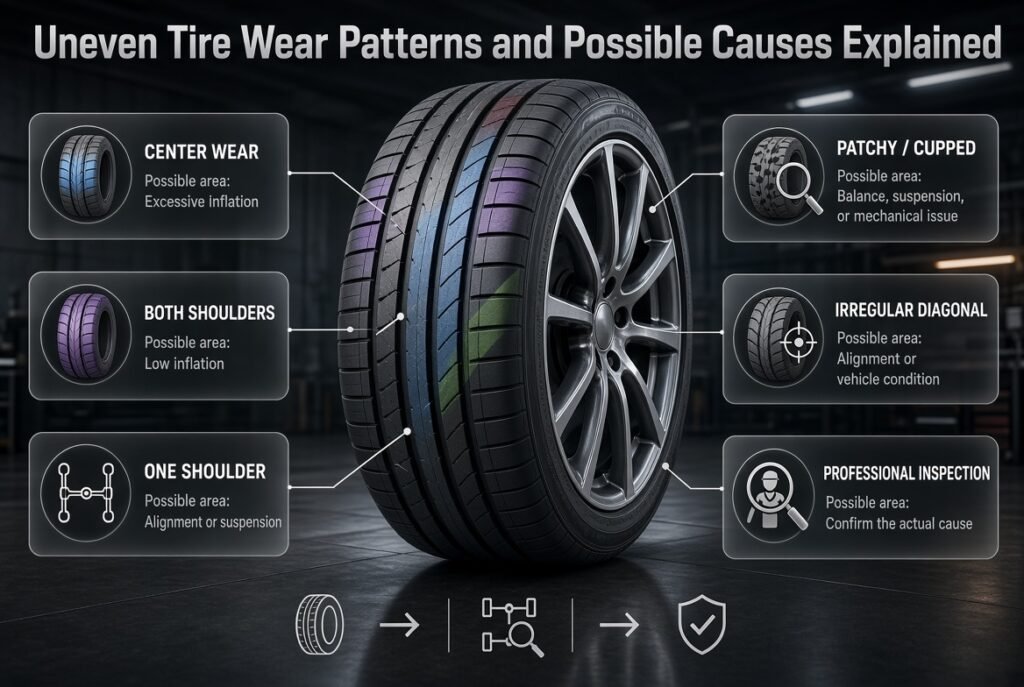 Uneven tire wear infographic showing center, shoulder, cupped, and diagonal tread wear with possible causes to investigate.