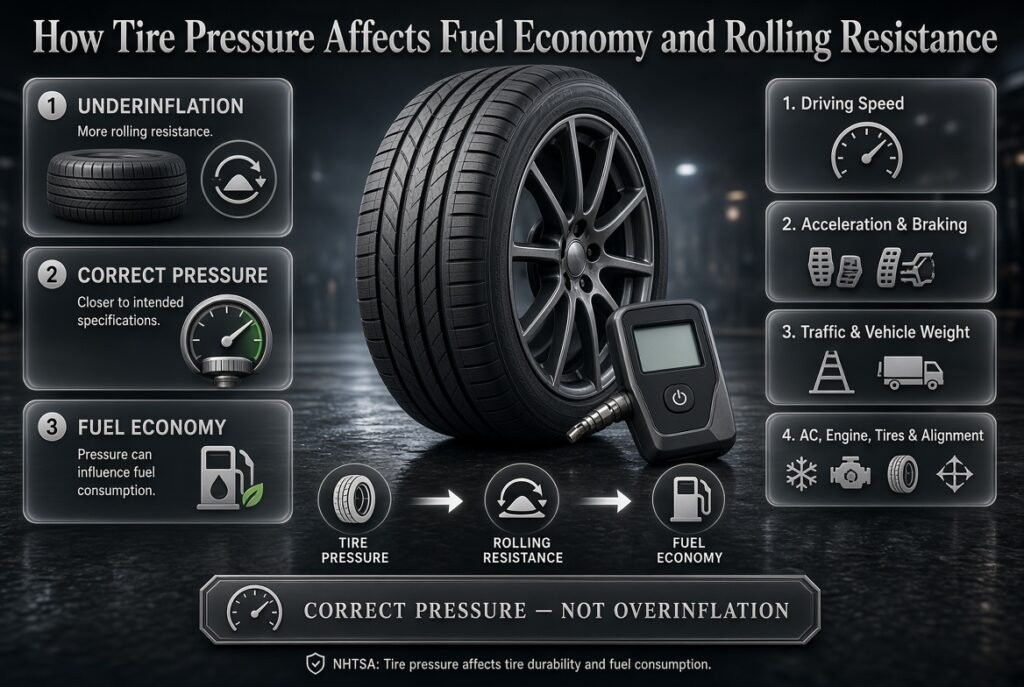 Tire pressure and fuel economy infographic showing correct inflation, rolling resistance, and factors that influence vehicle fuel consumption.