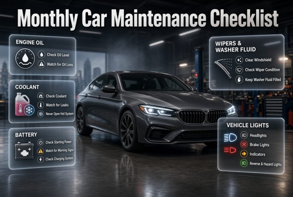 Monthly car maintenance checklist infographic showing oil, coolant, battery, wipers, washer fluid, and vehicle light inspections.
