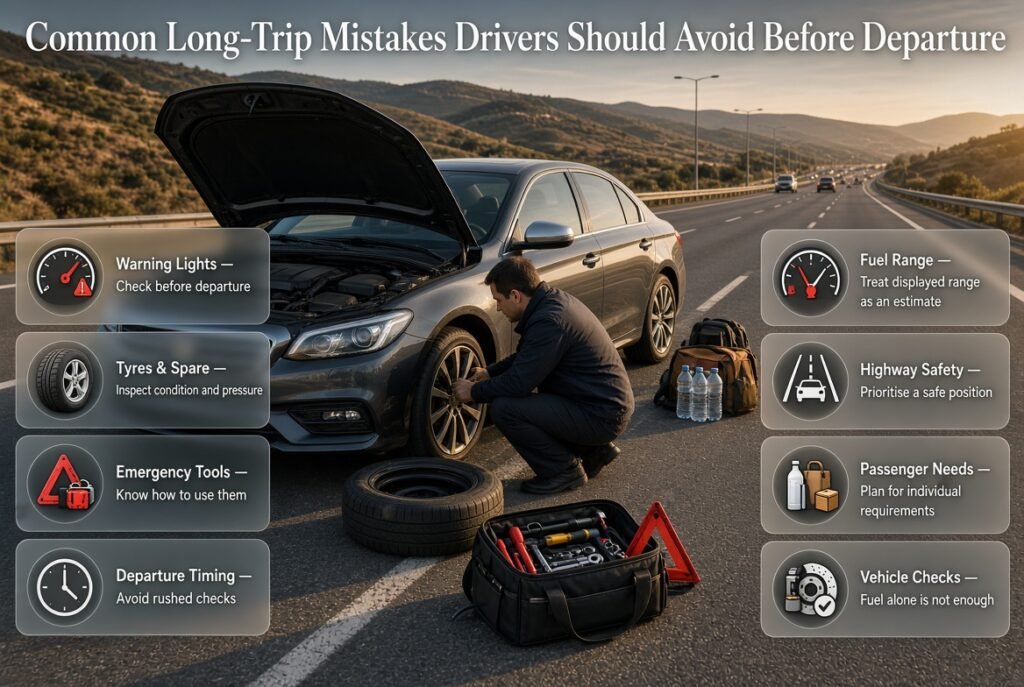 Long-trip driving mistakes checklist showing warning lights, tyres, fuel range, emergency tools, highway safety and passenger needs.