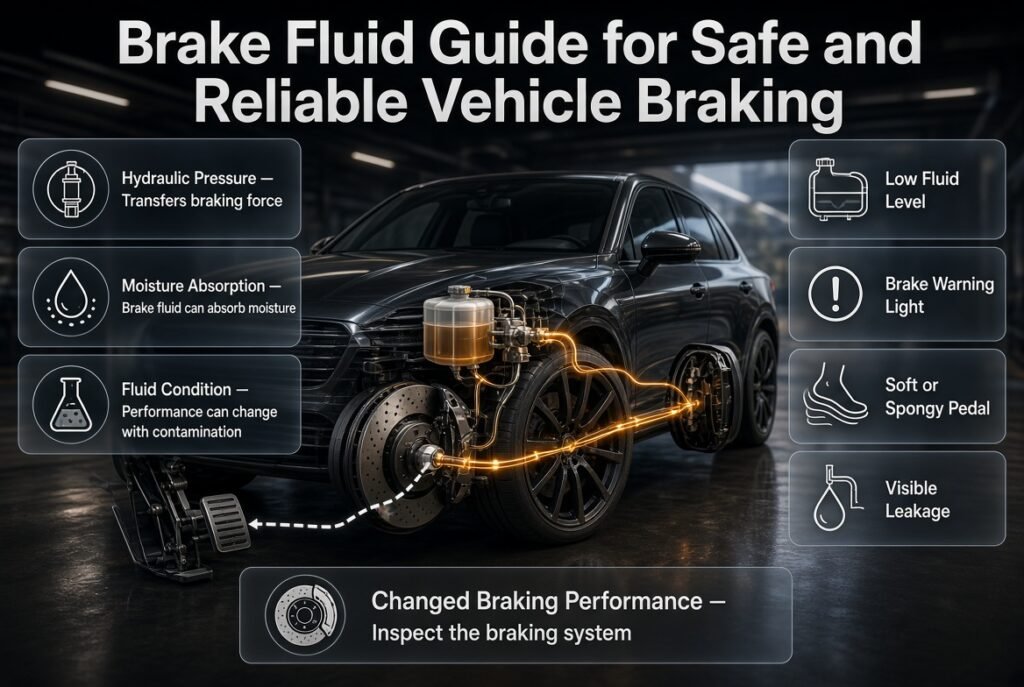 Brake fluid system showing hydraulic braking components, low fluid warning signs, and safe vehicle maintenance for reliable braking performance