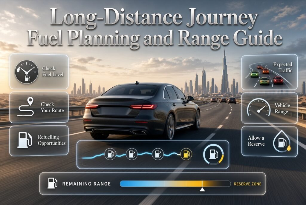 Long-distance journey fuel planning with route checks, vehicle range, refuelling points, traffic, and reserve fuel considerations.