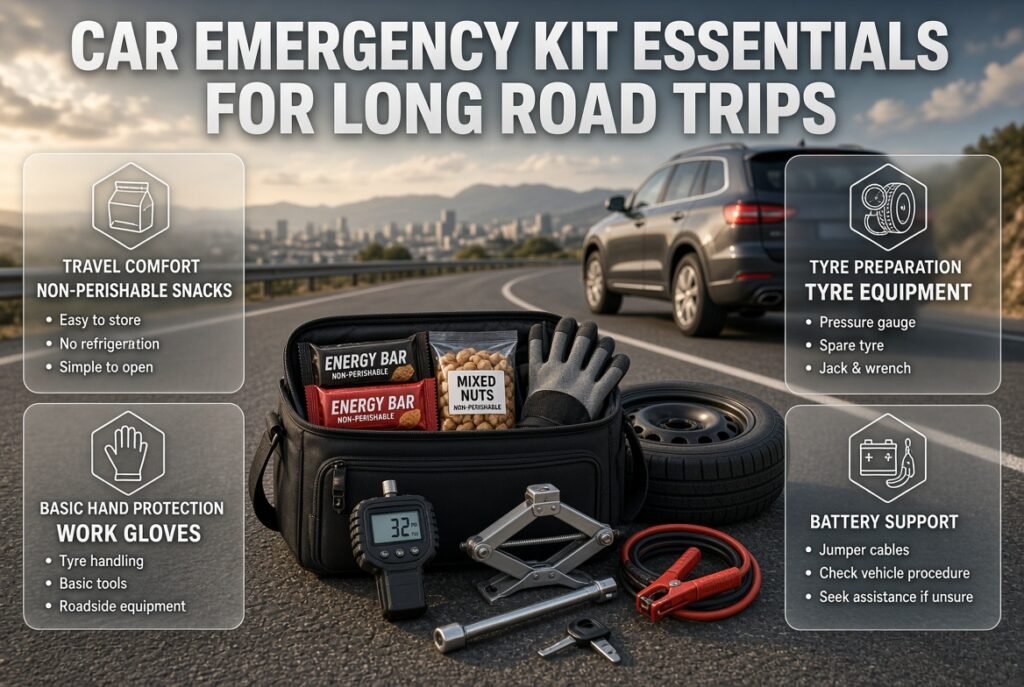 Car emergency kit with snacks, work gloves, tyre gauge, spare tyre equipment and jumper cables for roadside preparation.