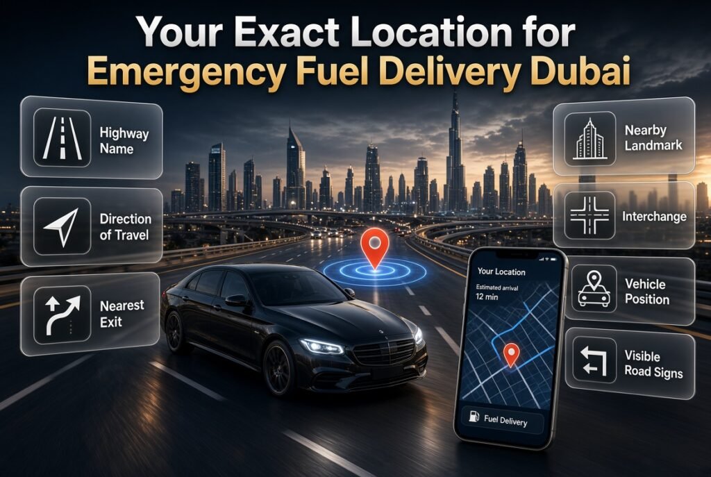 Emergency fuel delivery in Dubai showing a driver sharing an exact roadside location with a fuel assistance provider.