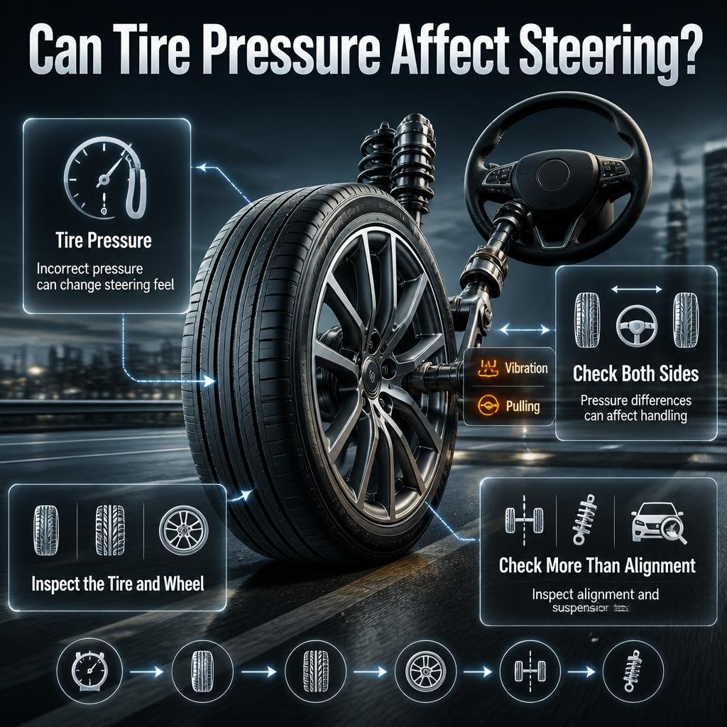 Tire pressure and steering infographic showing pressure effects, tire condition, tread wear, alignment, and suspension inspection.