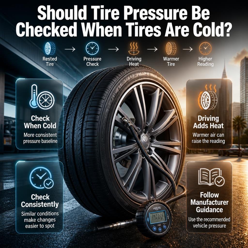 Cold tire pressure check showing a digital gauge, temperature effects, and accurate comparison with recommended tire pressure.