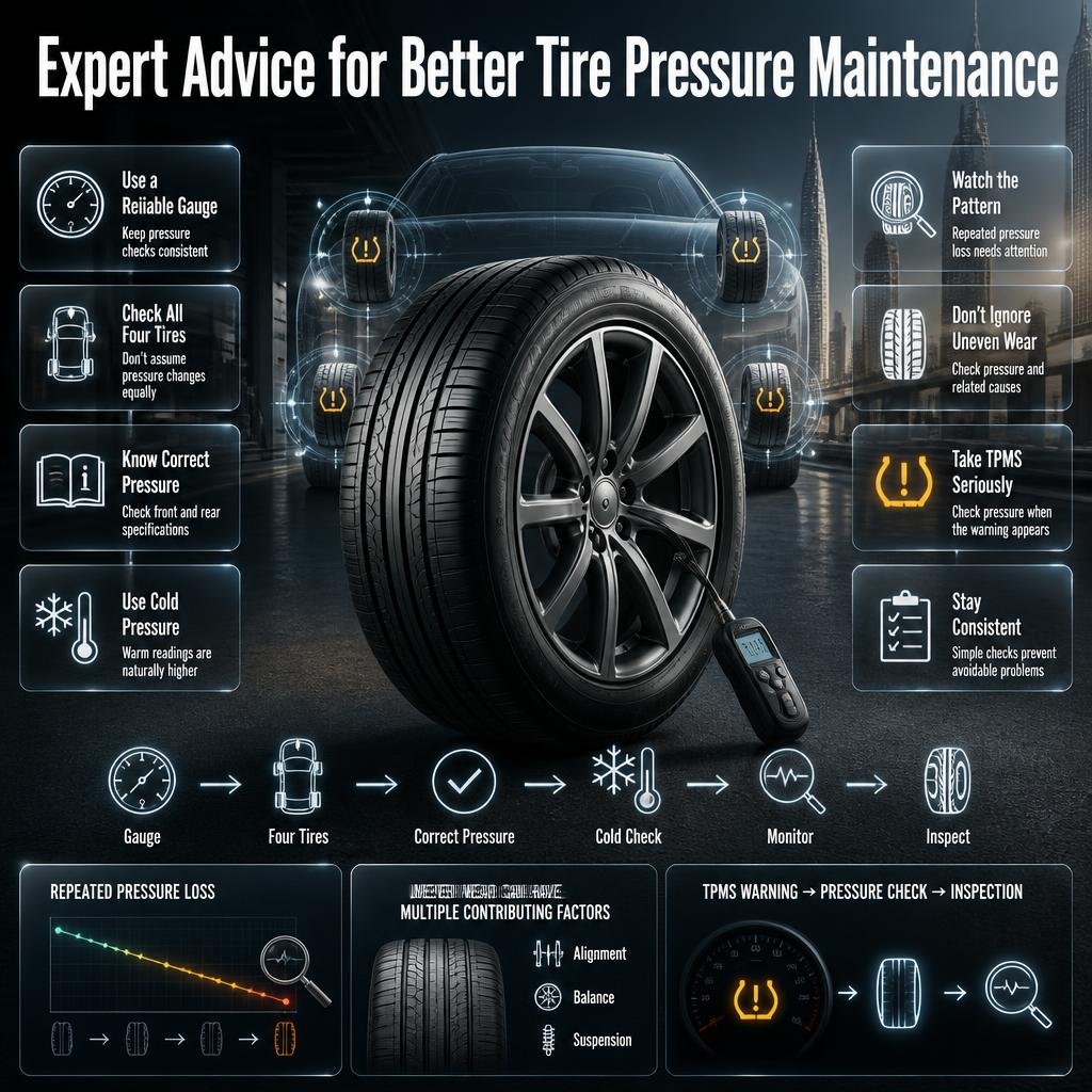 Expert tire pressure maintenance tips showing a pressure gauge, four tires, cold pressure checks, TPMS, leaks, and tire wear.