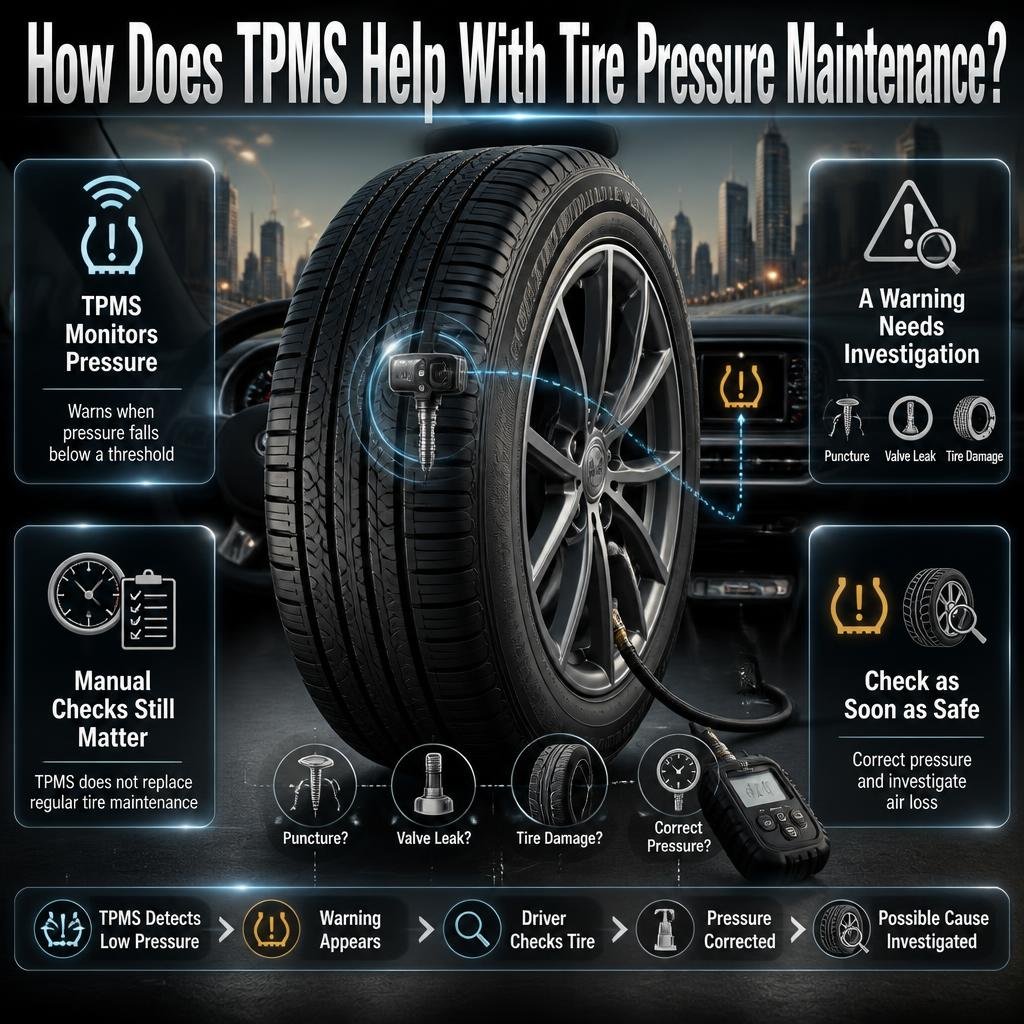 TPMS tire pressure monitoring with dashboard warning, tire sensors, pressure checks, puncture inspection, and maintenance guidance.