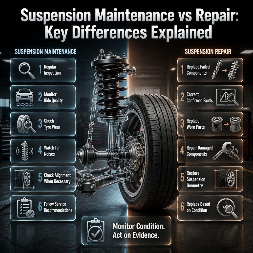 Suspension maintenance versus repair infographic comparing inspections, tyre wear, alignment, failed components, and condition-based repairs.