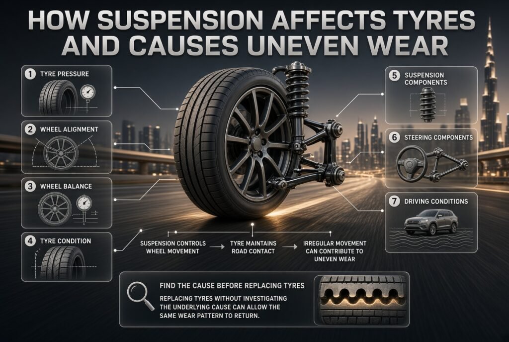 Car suspension and tyre relationship showing wheel movement, uneven tyre wear, alignment, pressure, balance, and suspension components.