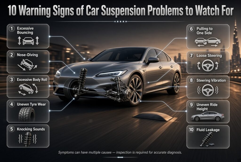 Car suspension warning signs including bouncing, body roll, uneven tyre wear, steering vibration, leakage, and vehicle pulling.